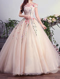 Blushing Pink Tulle Ball Gown Off-the-Shoulder Floor-Length Dress with Floral Embroidery & Ruffles