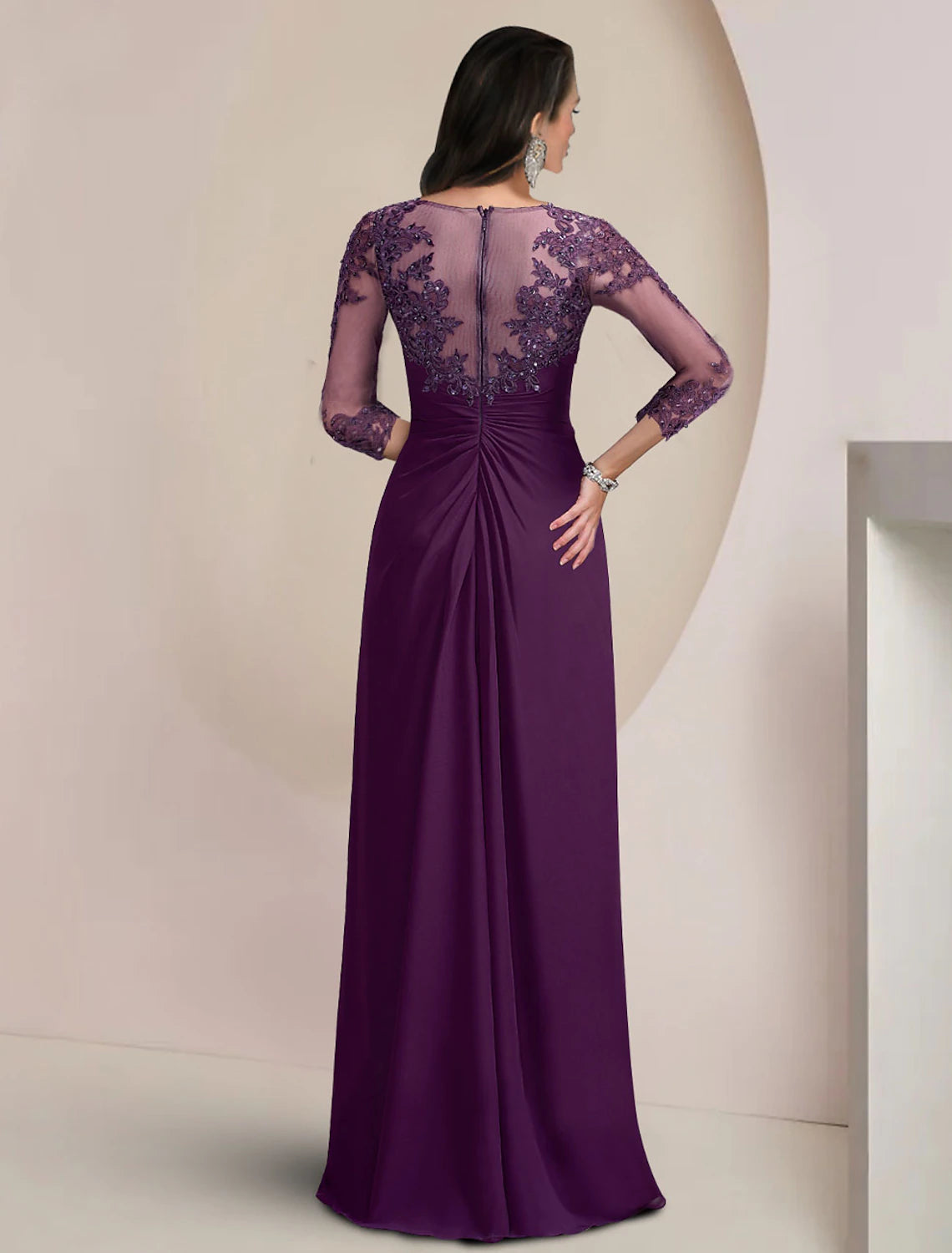 Vestido de madre de la novia con corte tubo/columna, elegante, para invitadas a bodas de otoño, con lentejuelas, escote redondo, largo hasta el suelo, de gasa, con encaje, mangas 3/4 y apliques brillantes.