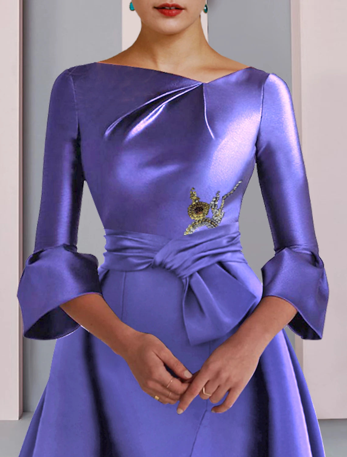 Lilac Satin A-Line Floor-Length Evening Dress with Draped Bodice & Bell Sleeves