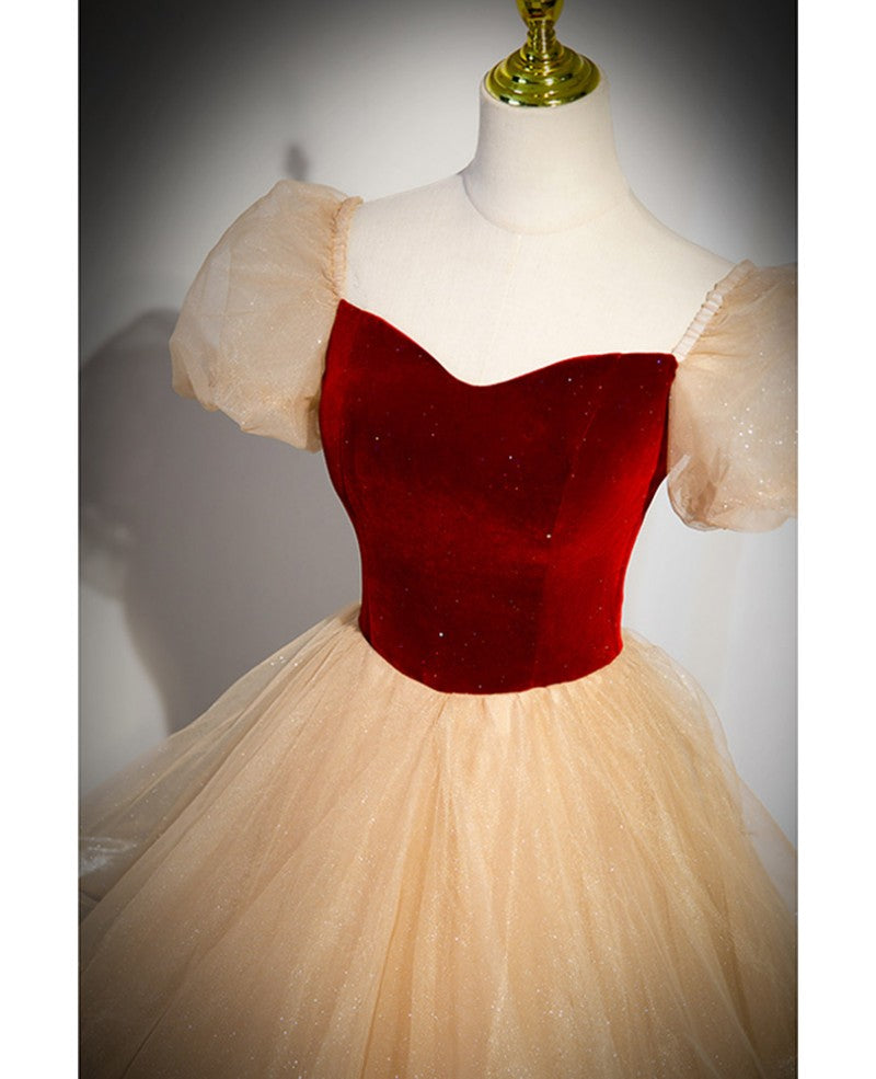 Elegant burgundy sparkling sequin square neck fluffy short sleeved ball dress, burgundy princess sheer backless strap, floor length layered ruffle edge prom dress