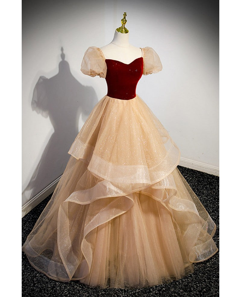 Elegant burgundy sparkling sequin square neck fluffy short sleeved ball dress, burgundy princess sheer backless strap, floor length layered ruffle edge prom dress