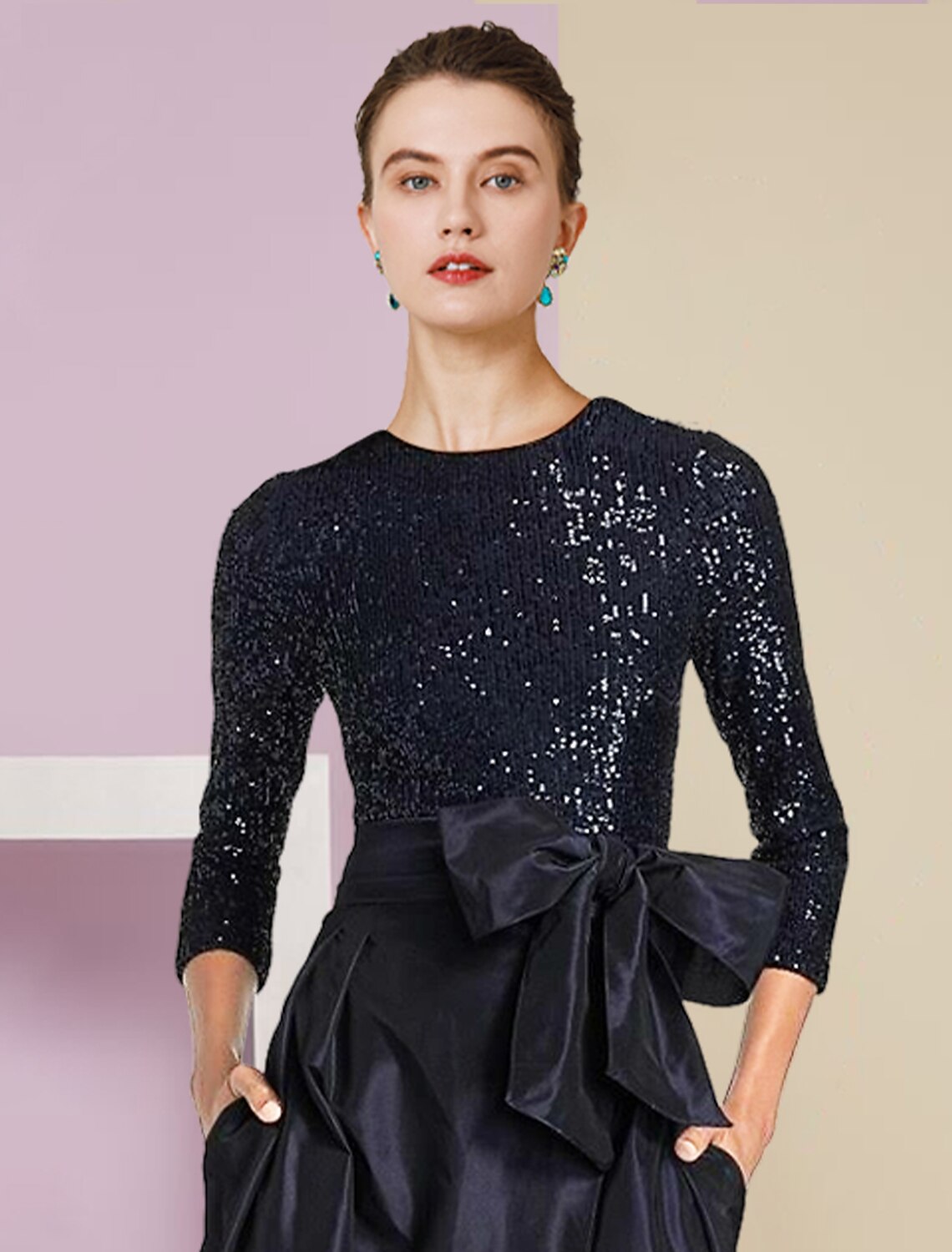 Vestido de dos piezas para madre de la novia, estilo tubo/columna, para invitada de boda formal, con brillo y brillo, elegante, escote redondo, largo hasta el suelo, tafetán desmontable con lentejuelas, manga 3/4 con lazo(s).