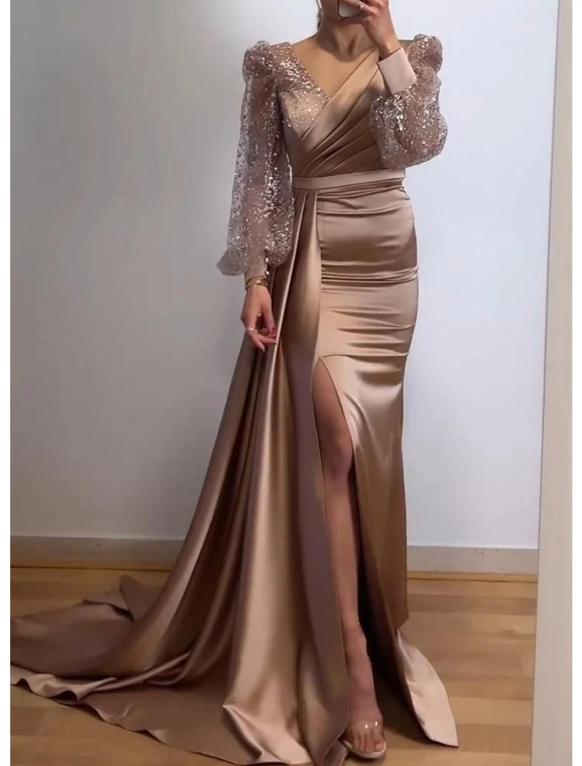 Mermaid / Trumpet Evening Gown Sparkle & Shine Dress Formal Court Train Long Sleeve V Neck Fall Wedding Guest Charmeuse with Sequin Slit 2025