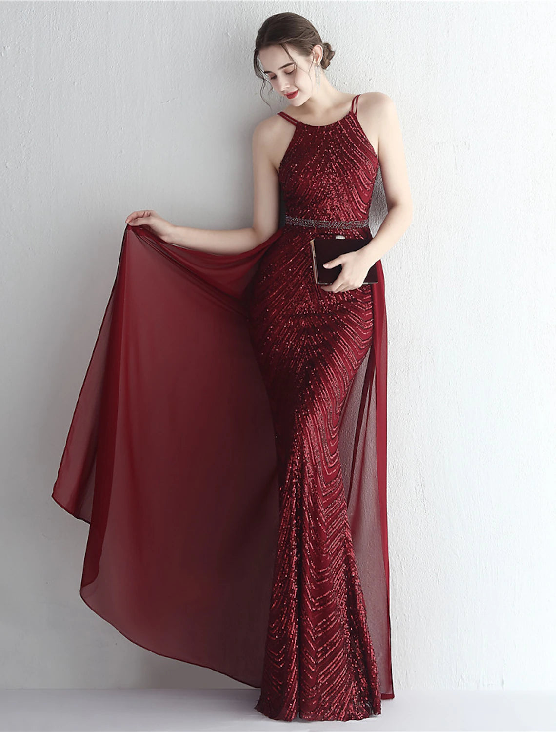 Burgundy Sequin Halter Backless Sheath Floor-Length Evening Dress