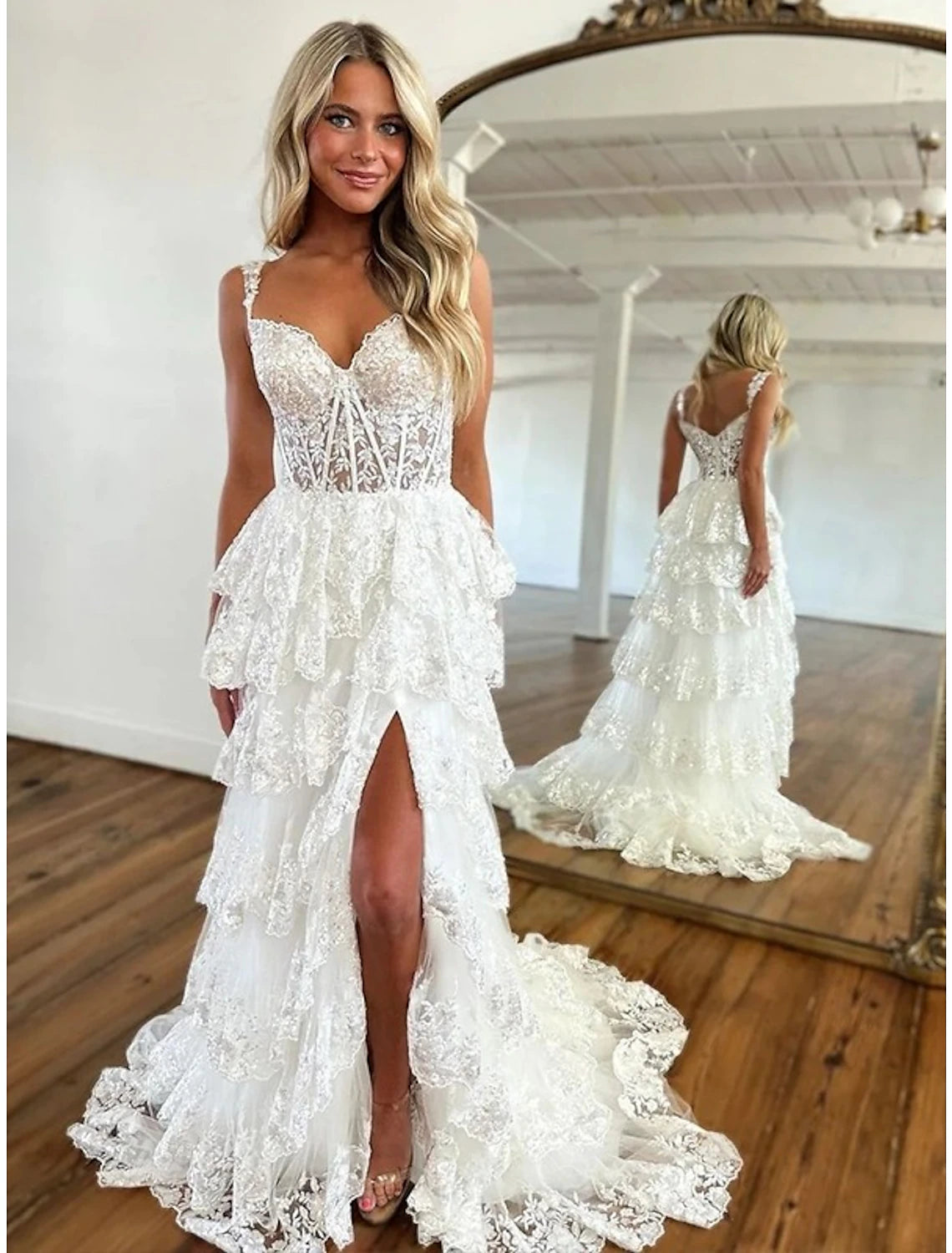 Sky Blue Tulle Lace A-Line Floor-Length Dress with Sweetheart Neckline & Back Zip