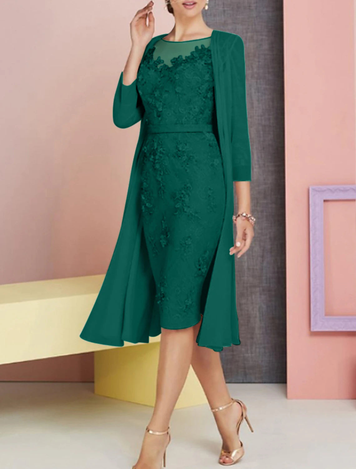 Abito da cerimonia per la madre della sposa, in due pezzi, con scollo a barchetta, lunghezza al ginocchio, in chiffon, pizzo, maniche a 3/4, per invitati al matrimonio, in chiesa, elegante, vintage, taglie forti, con applicazioni