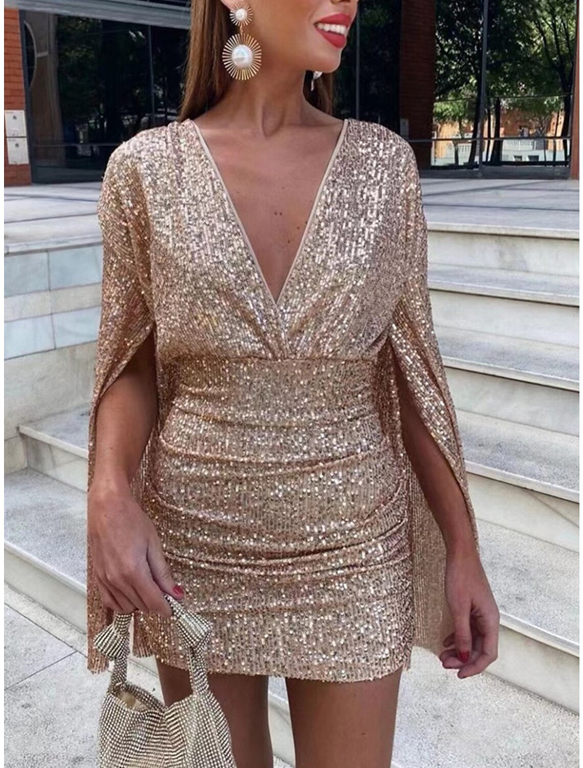 Abito da donna con paillettes, abito da festa, abito scintillante, abito da ballo, abito da cocktail, miniabito, champagne, verde scuro, blu scuro, manica lunga, glitter scintillanti, primavera, autunno, inverno, scollo a V profondo, moda