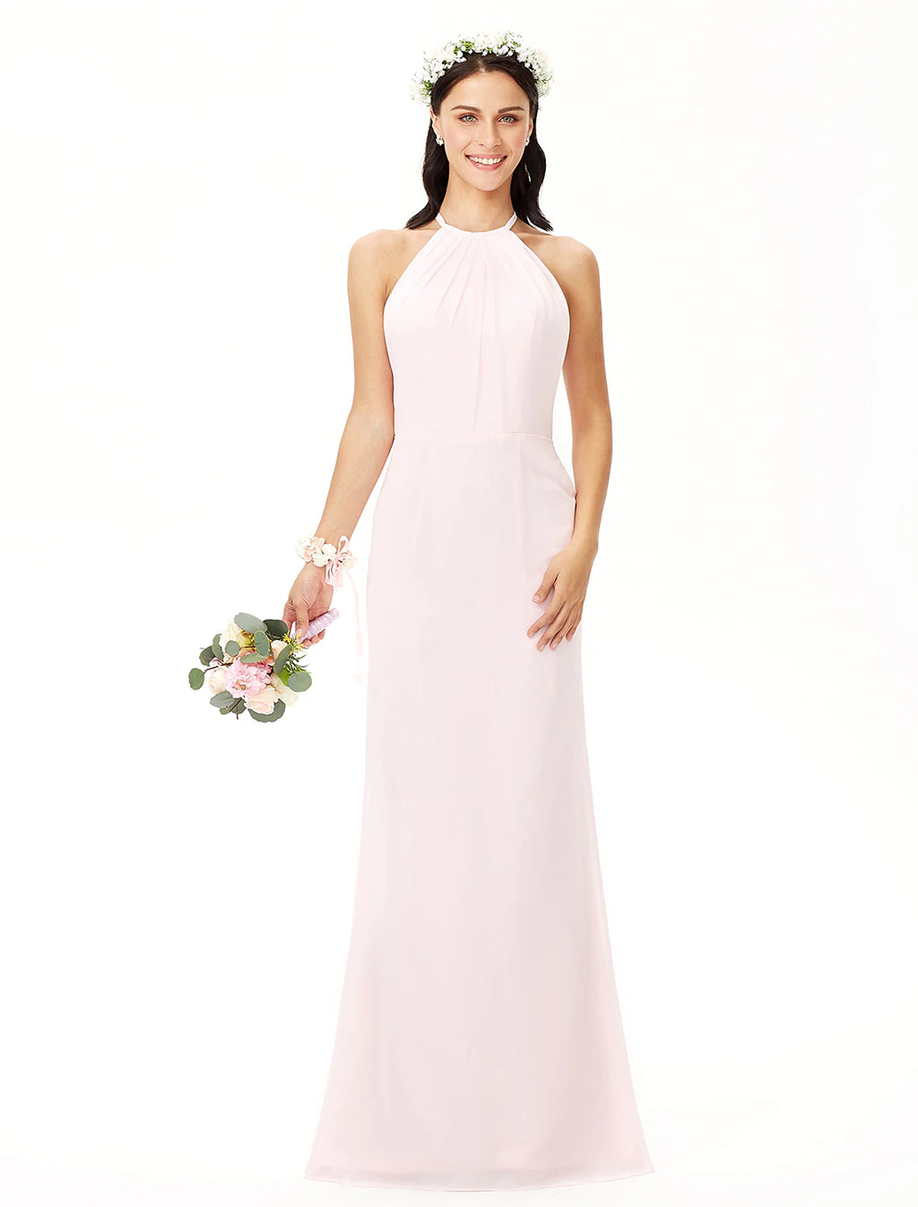 Blushing Pink Chiffon A-Line Floor-Length Dress with Halter neckline and Backless - Jimiss