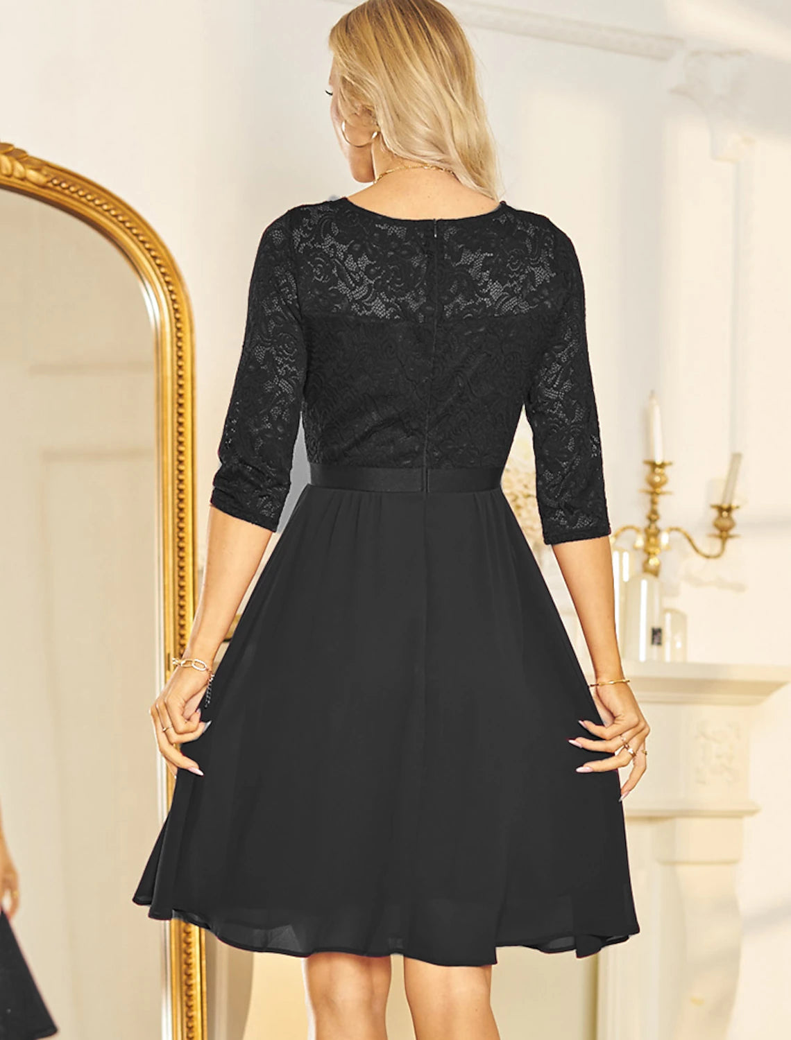 Dark Navy Lace Chiffon Midi A-Line Bridesmaid Dress with V-Neckline & Scalloped Bodice