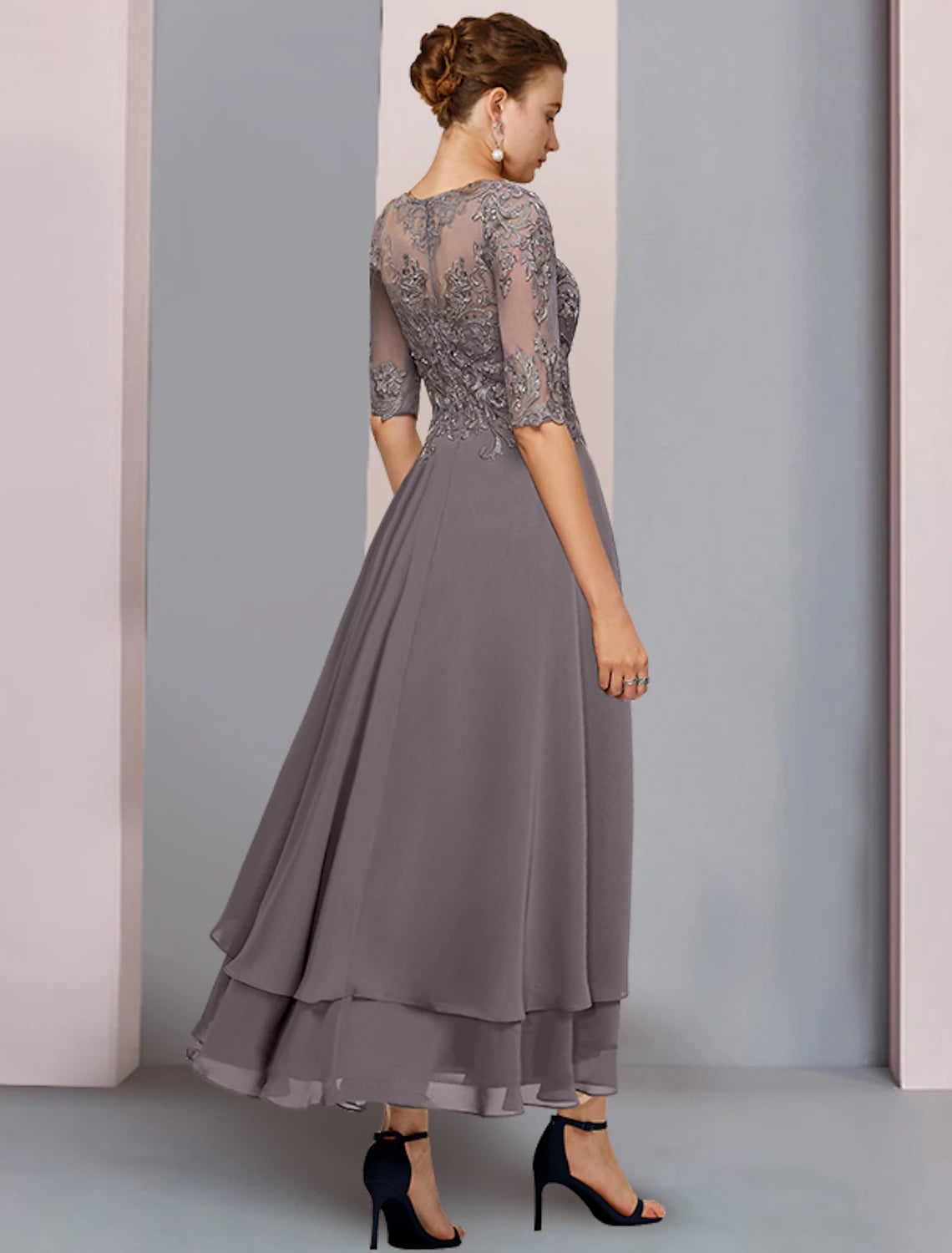 Grey Chiffon A-Line High-Low Dress with Boat Neck and Illusion Lace Bodice
