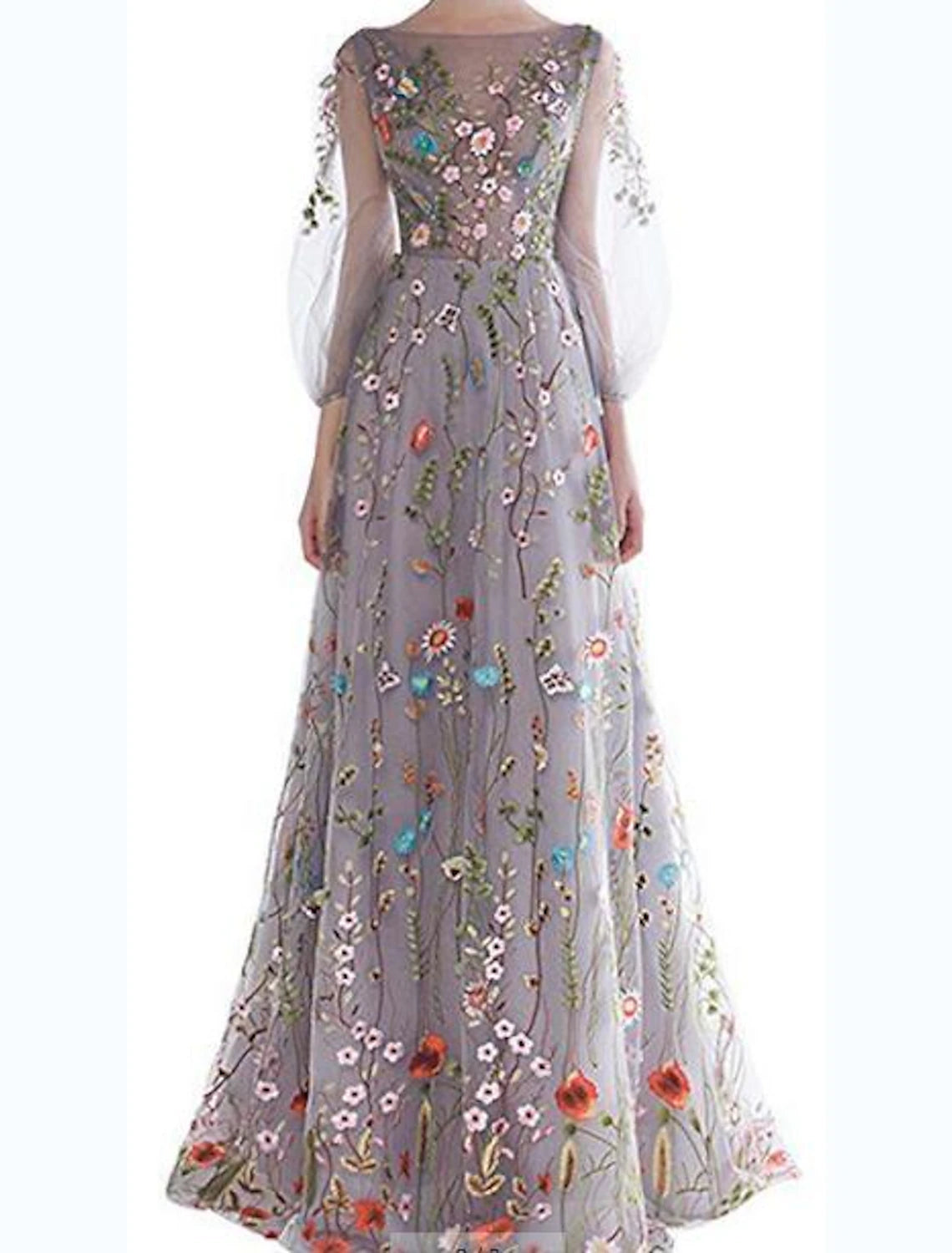 A-Line Prom Dresses Floral Dress Valentine's Day Wedding Guest Floor Length 3/4 Length Sleeve Boat Neck Tulle with Embroidery