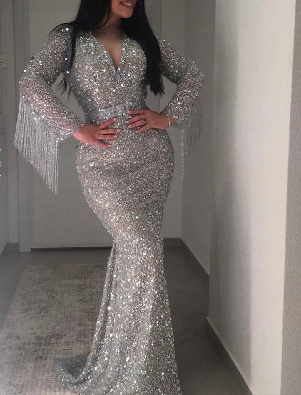 Silver Sequin Mermaid Floor-Length V-Neck Evening Dress with Fringe Sleeves
