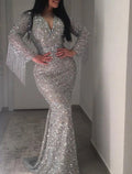 Silver Sequin Mermaid Floor-Length V-Neck Evening Dress with Fringe Sleeves