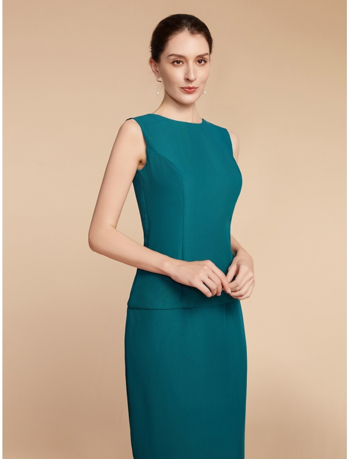 Vestido de Madre de la Novia con Corte en A/Columna, Elegante, Sencillo, con Cuello Joya, Largo hasta el Tobillo, de Gasa, Manga Larga, con Abertura Delantera, Fruncido, Color Sólido