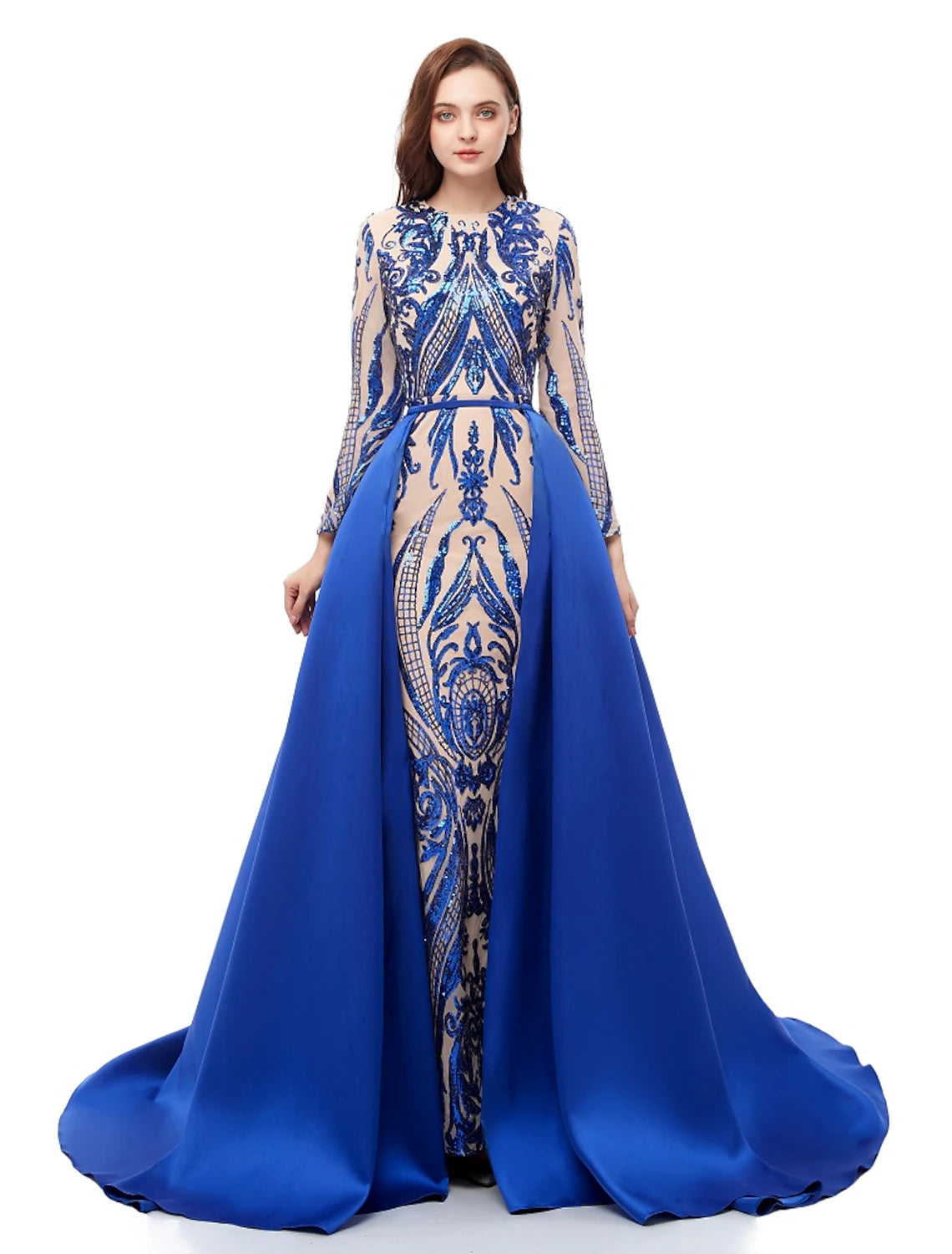 Vestido de fiesta de sirena, vestido de noche, vestido lujoso, vestido de carnaval, boda, invitado, cola de corte, manga larga, cuello joya, falda de satén desmontable con lentejuelas, estampado/estampado