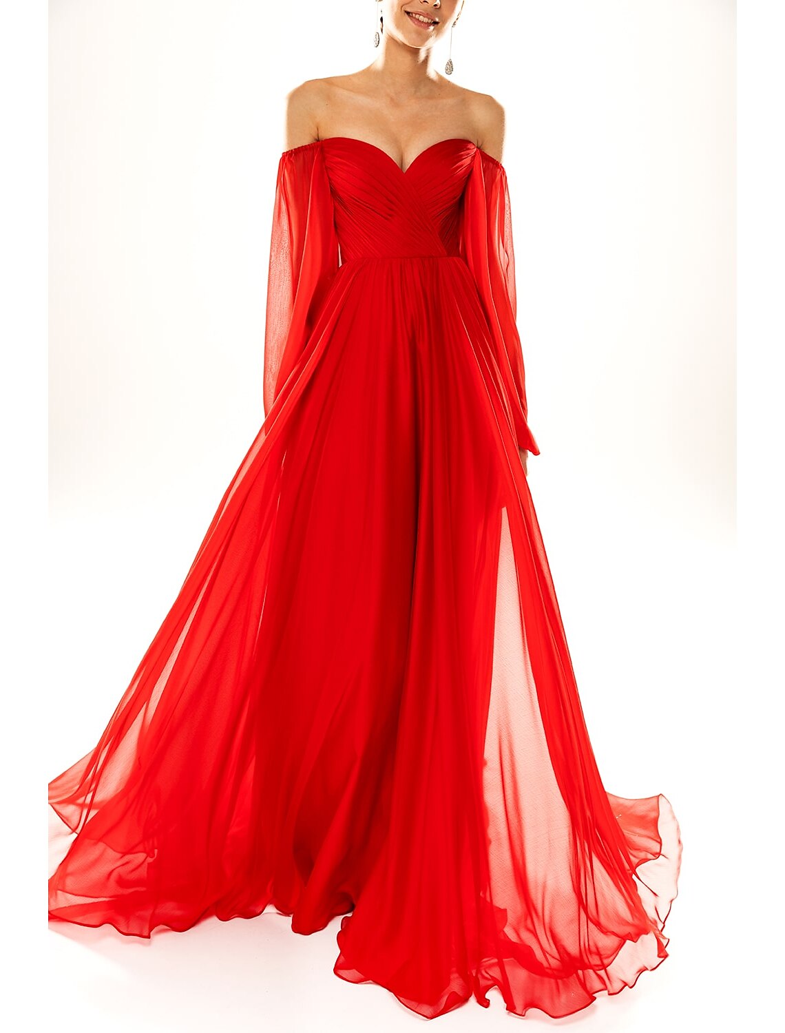 Red Chiffon A-Line Floor-Length with Sweetheart Neckline, Ruched Bodice & Off-the-Shoulder, High Slit