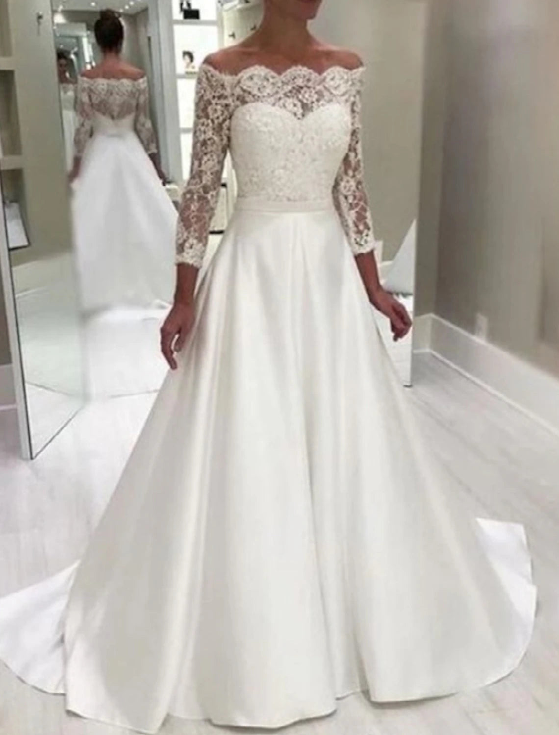 Vestidos de novia formales de compromiso, vestido de fiesta, hombros descubiertos, manga larga, cola de corte, vestidos de novia de satén con apliques de cuentas