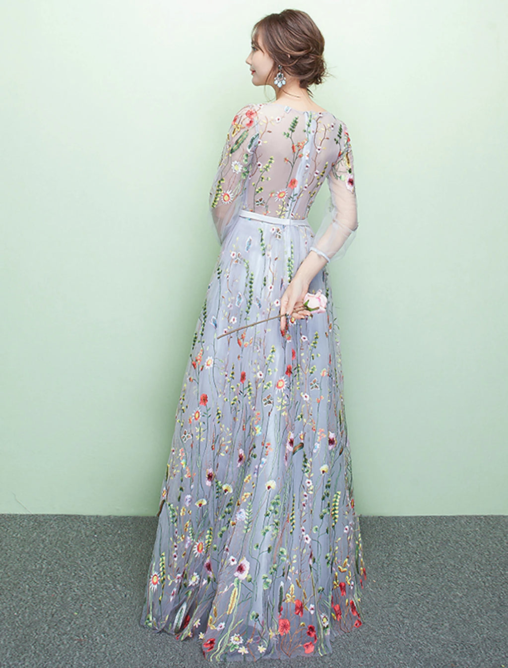 Vestido de noche formal elegante de corte A con brillo y brillo, escote joya, mangas 3/4, largo hasta el suelo, encaje con bordado