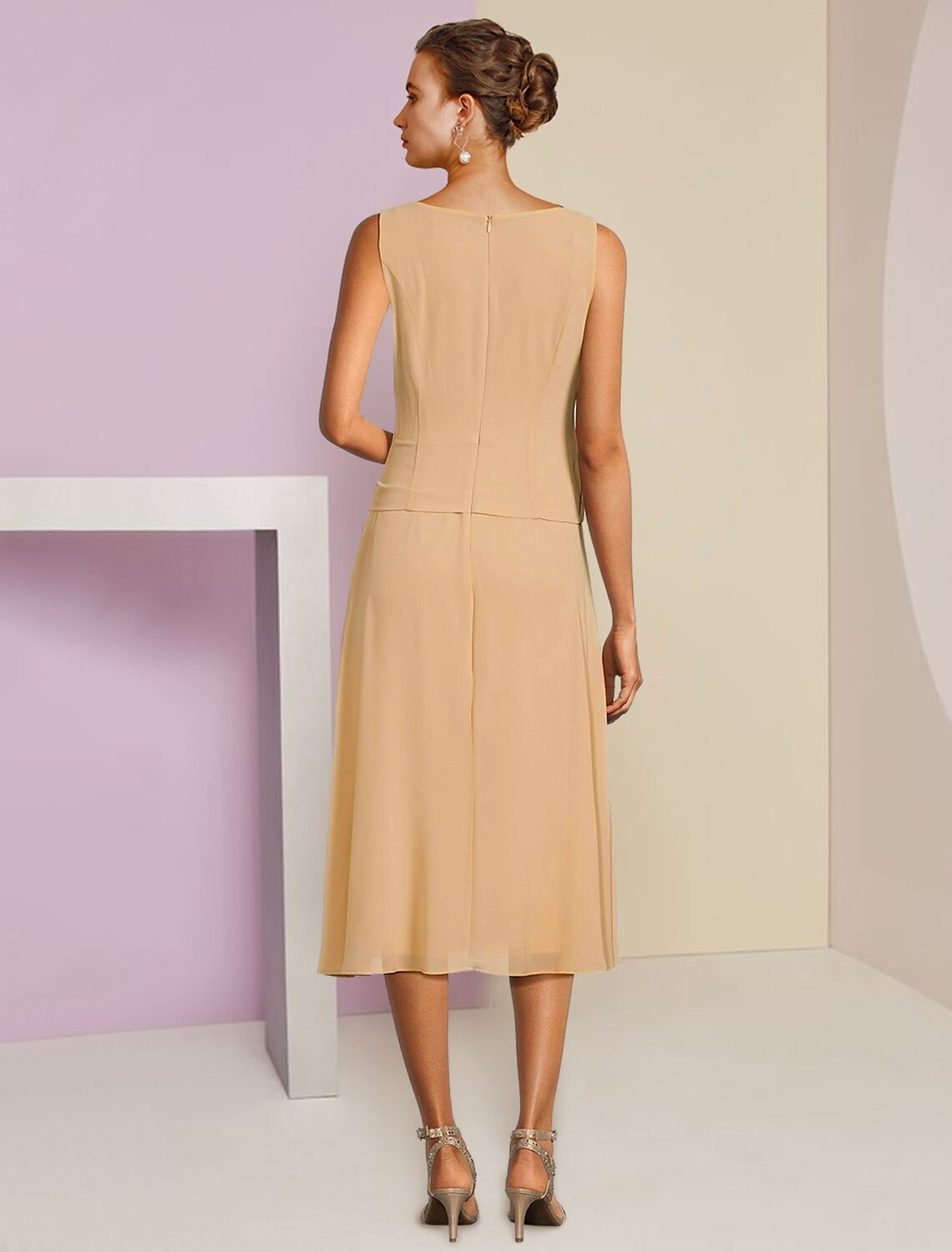 Abito da cerimonia per la madre della sposa, a trapezio, elegante, in chiffon, con scollo a barchetta, lunghezza tè, maniche a 3/4, con pieghe e spilla di cristallo