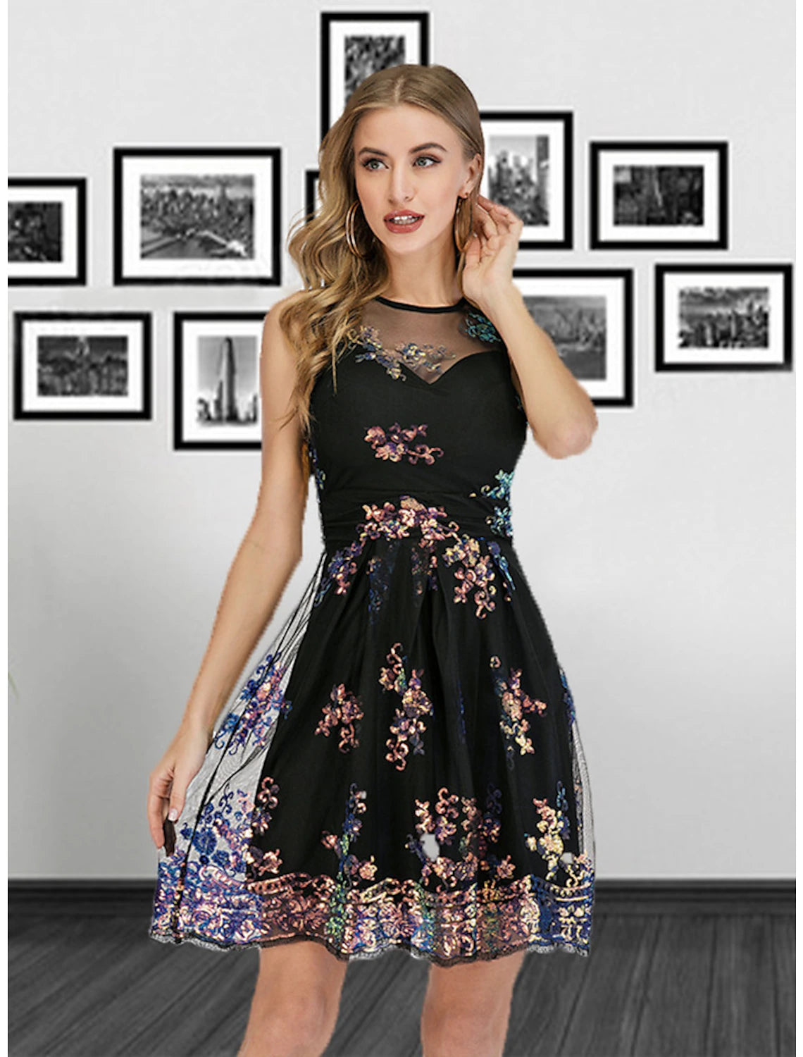 Black Sequin Mesh A-Line Short Evening Dress - Illusion Neck