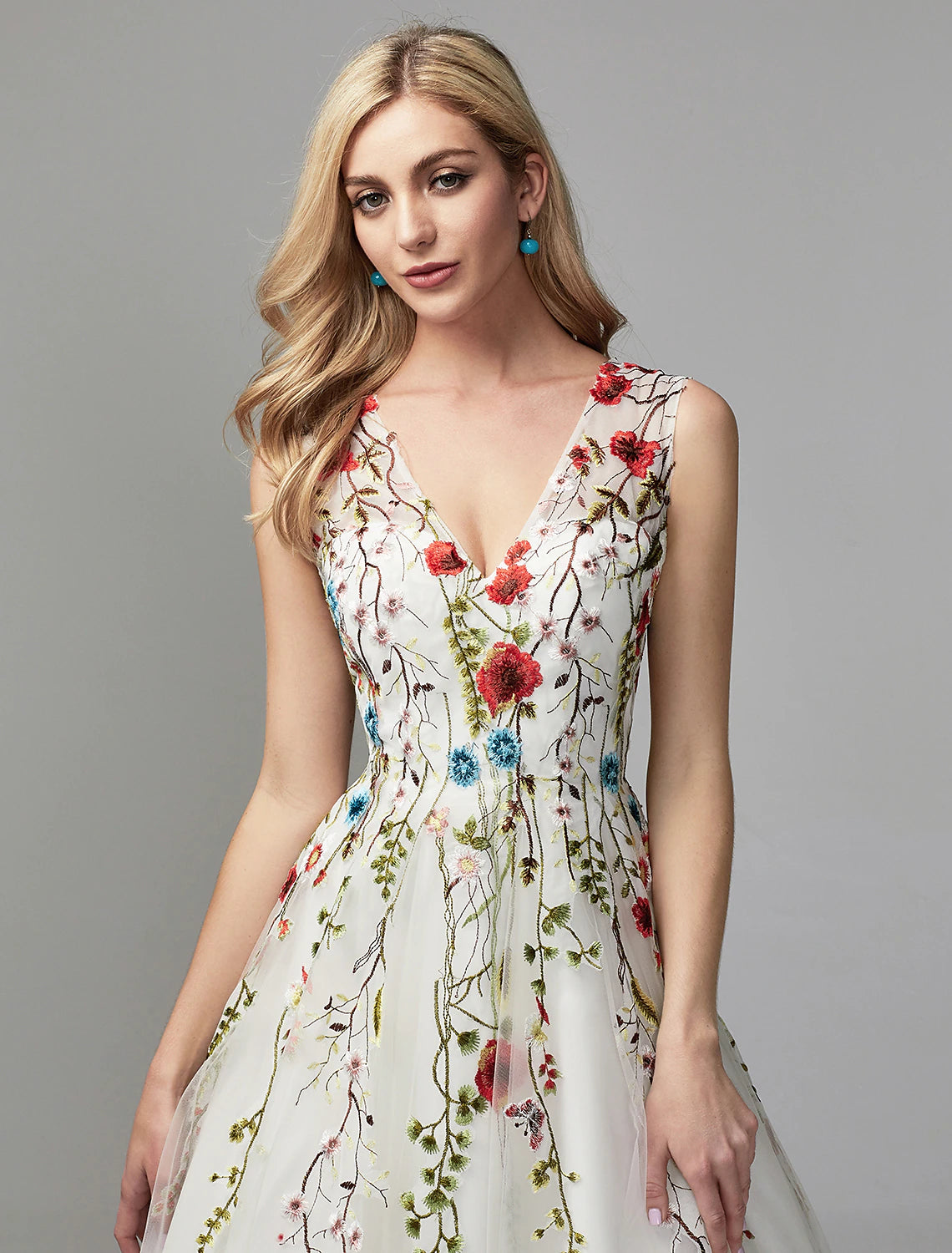 Vestidos para ocasiones especiales de corte A, vestido floral, para invitados de boda, regreso a casa, largo hasta el suelo, sin mangas, cuello en V, encaje con apliques bordados