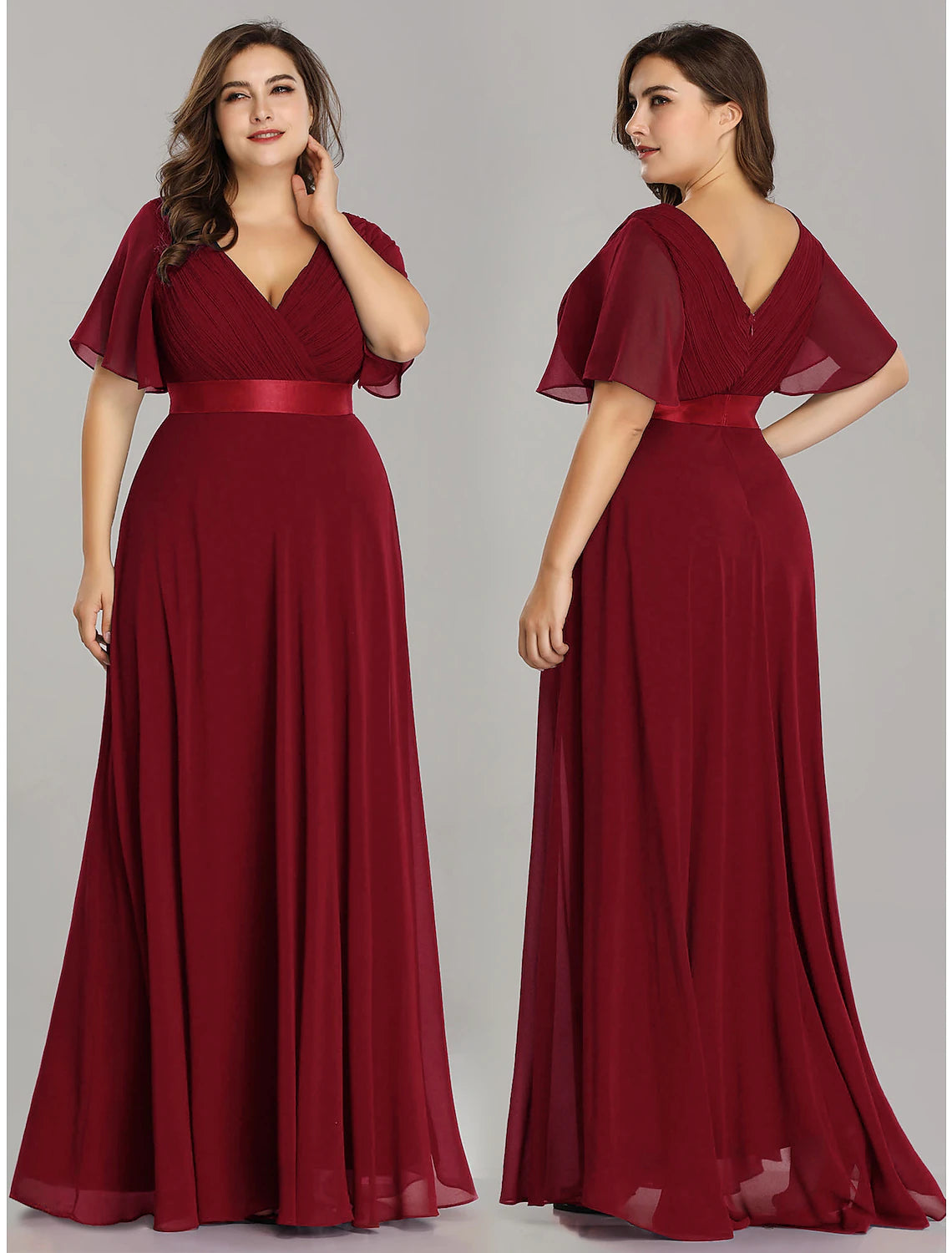 Blushing Pink Chiffon A-Line Floor-Length Dress with V-Neck and Flutter Sleeves