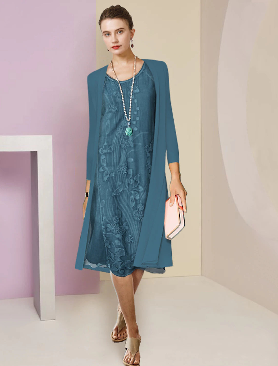 Vestido de dos piezas tipo tubo para madre de la novia, elegante, con escote redondo, largo hasta la rodilla, de gasa, con encaje, manga media, chaqueta y apliques.