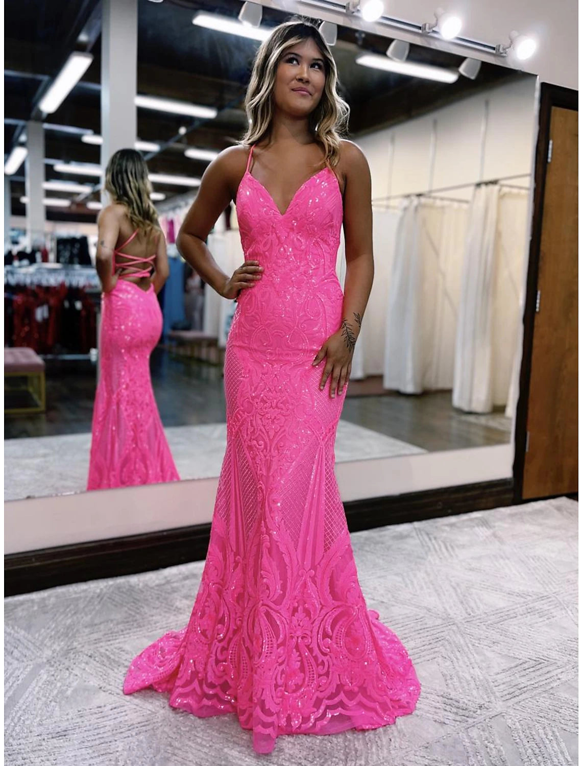Royal Blue Sequin Mermaid Floor-Length Dress with V-Neck and Criss-Cross Straps