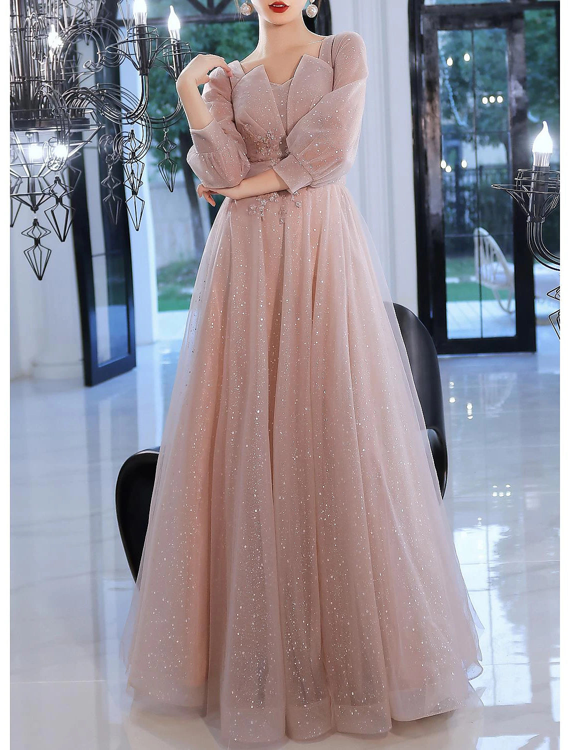 Pink Chiffon A-Line Floor-Length Dress with Glitter Tulle & Puff Sleeves