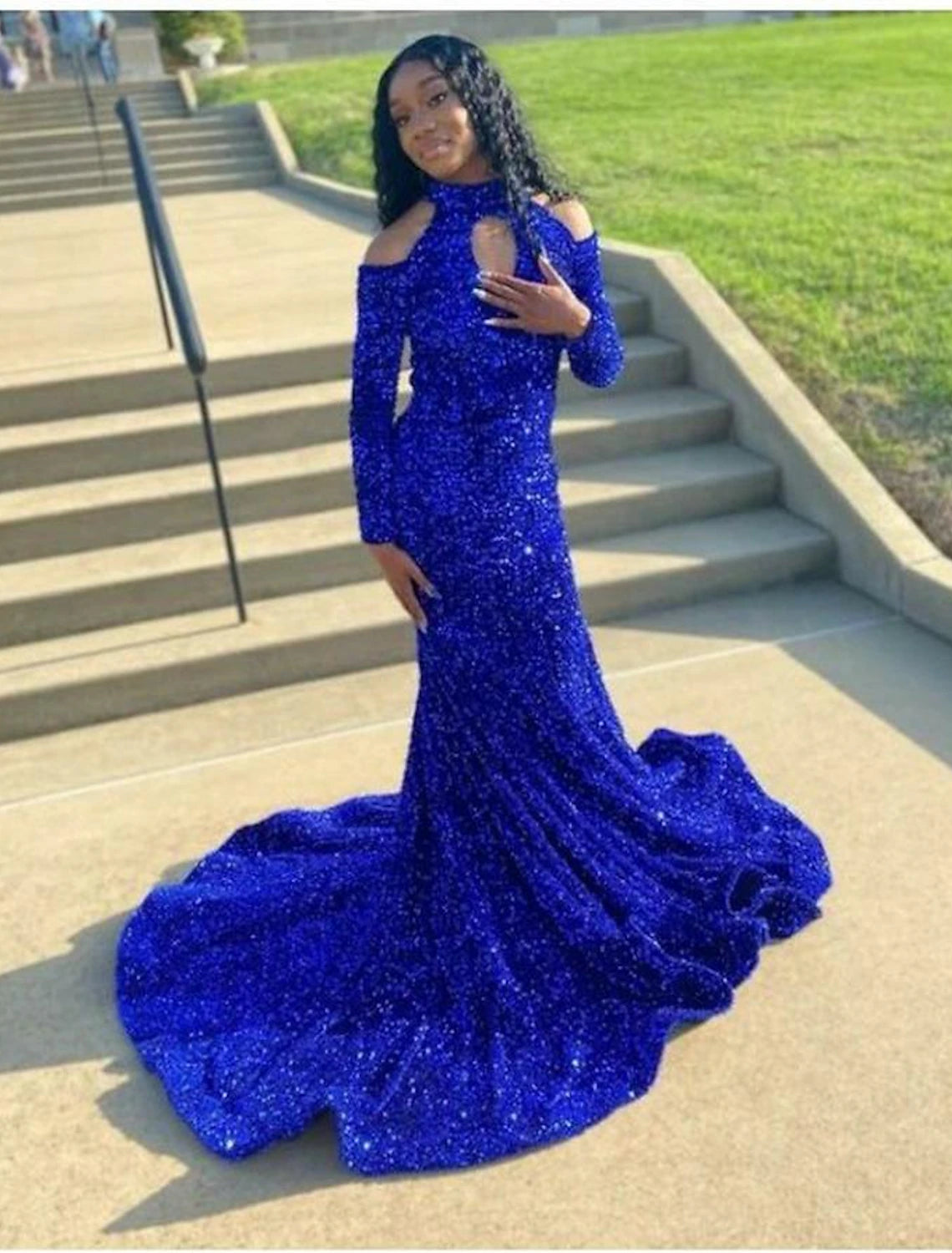 Royal Blue Sequin Mermaid Floor-Length Dress with Keyhole High Neck