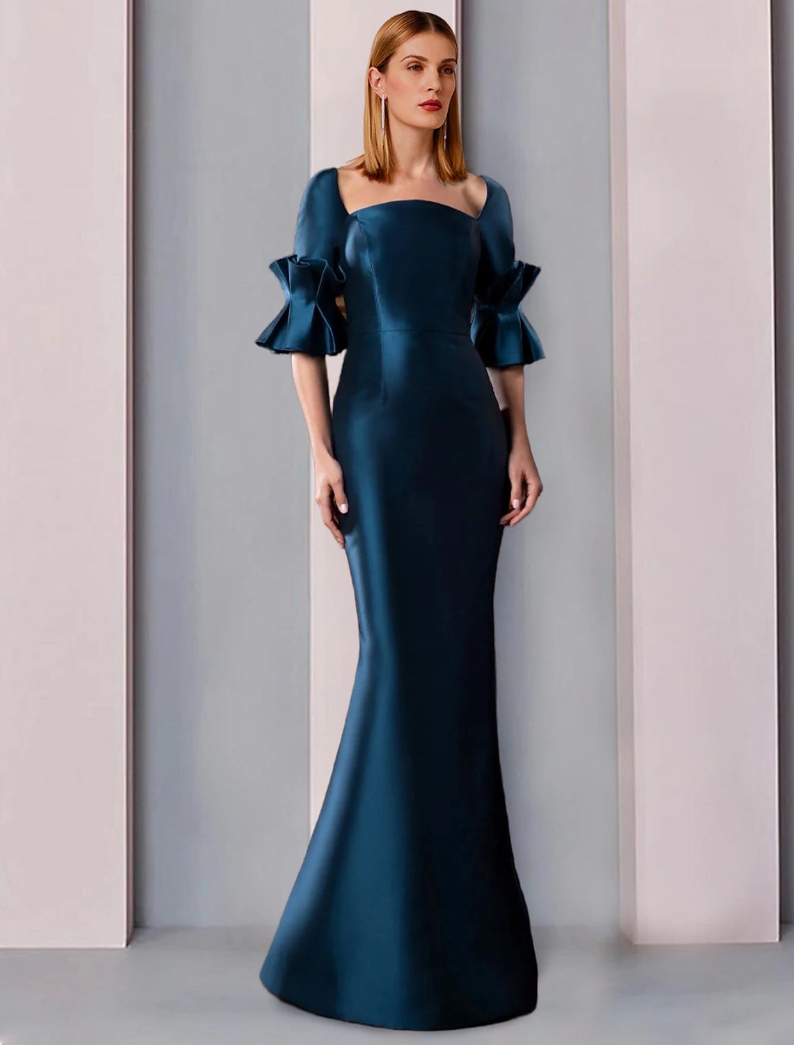 Teal Satin Mermaid Floor-Length Evening Dress with Ruffled Elbow Sleeves and Square Neck
