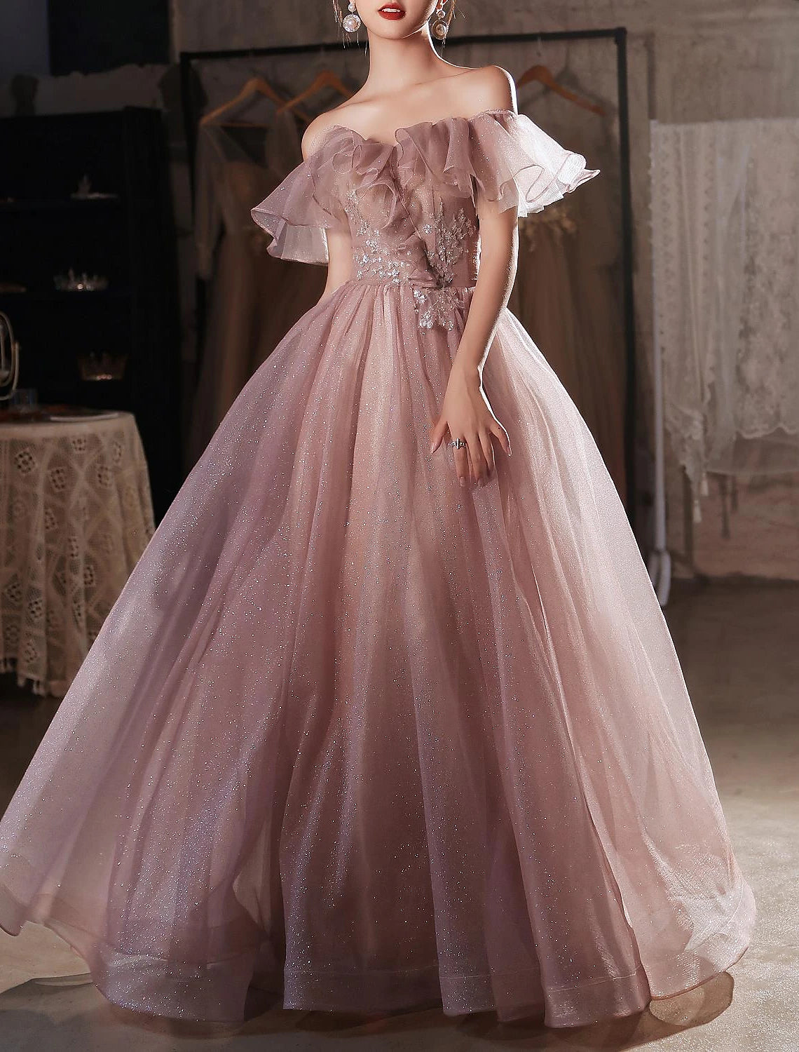 Vestido elegante de fiesta, formal, de noche, de cumpleaños, con hombros descubiertos, manga corta, largo hasta el suelo, de encaje con apliques, con espalda hermosa