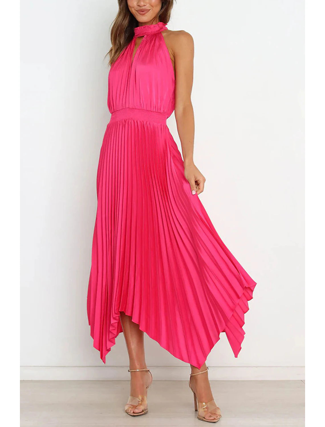 Vestidos de fiesta de corte A, vestido informal, para invitados de boda, asimétrico, sin mangas, cuello halter, satén con pliegues