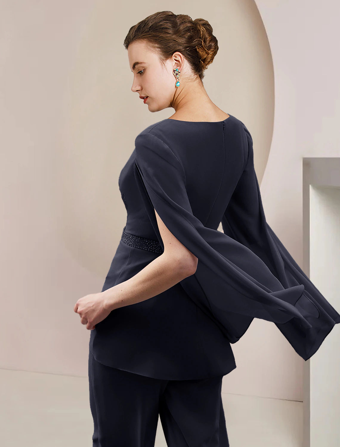 Vestido de dos piezas para madre de la novia, elegante, con escote en V, largo hasta el suelo, de gasa, sin mangas, con pliegues y lentejuelas