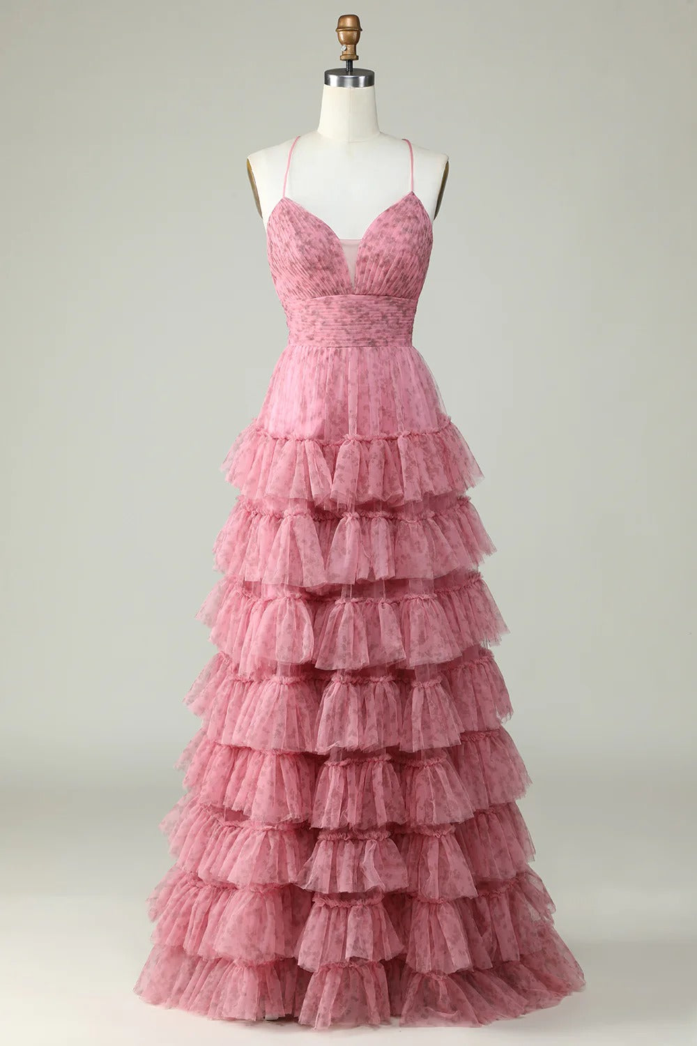 usty Rose Floral Tiered Tulle Spaghetti Strap Maxi Dress – Romantic Prom Gown