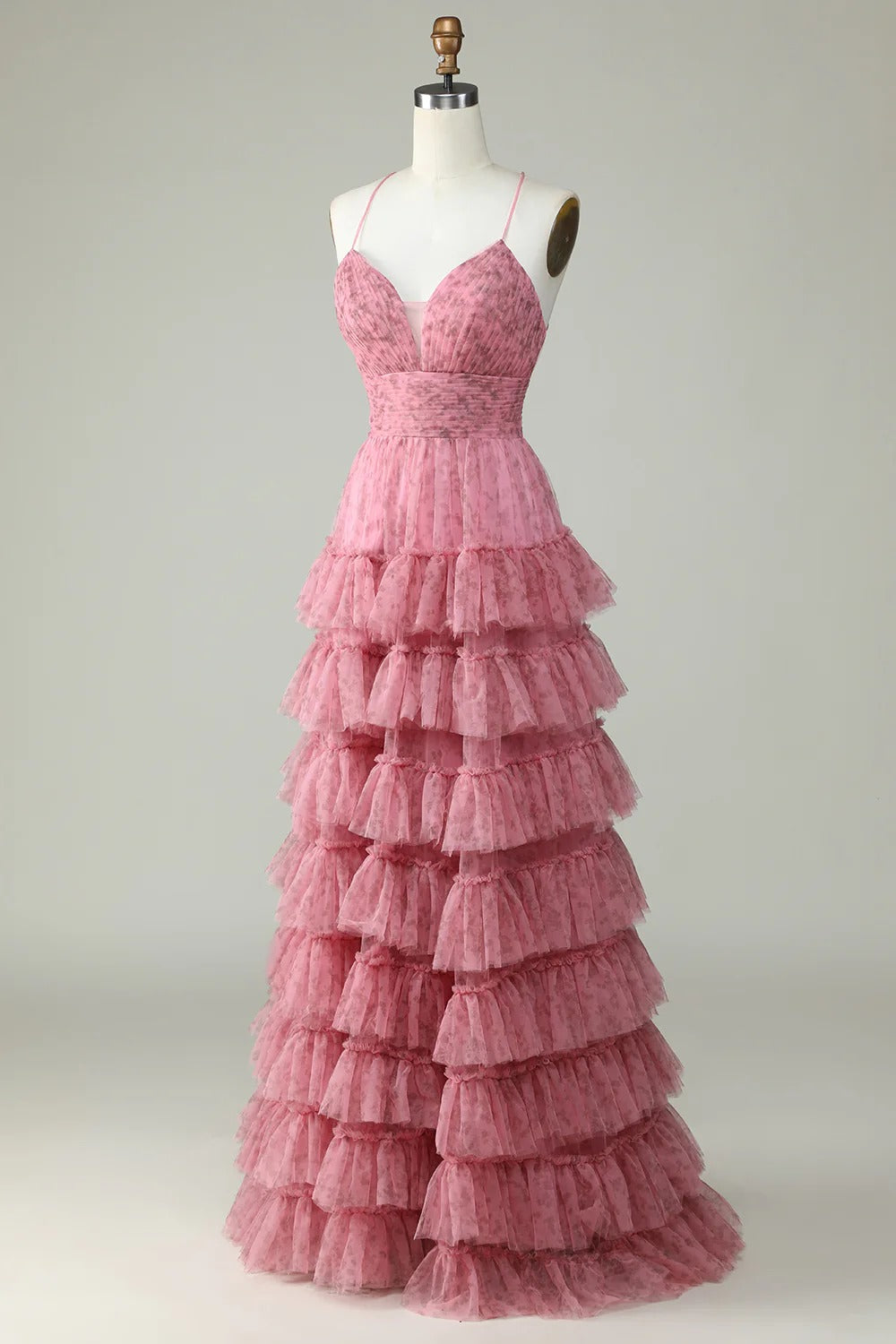 usty Rose Floral Tiered Tulle Spaghetti Strap Maxi Dress – Romantic Prom Gown