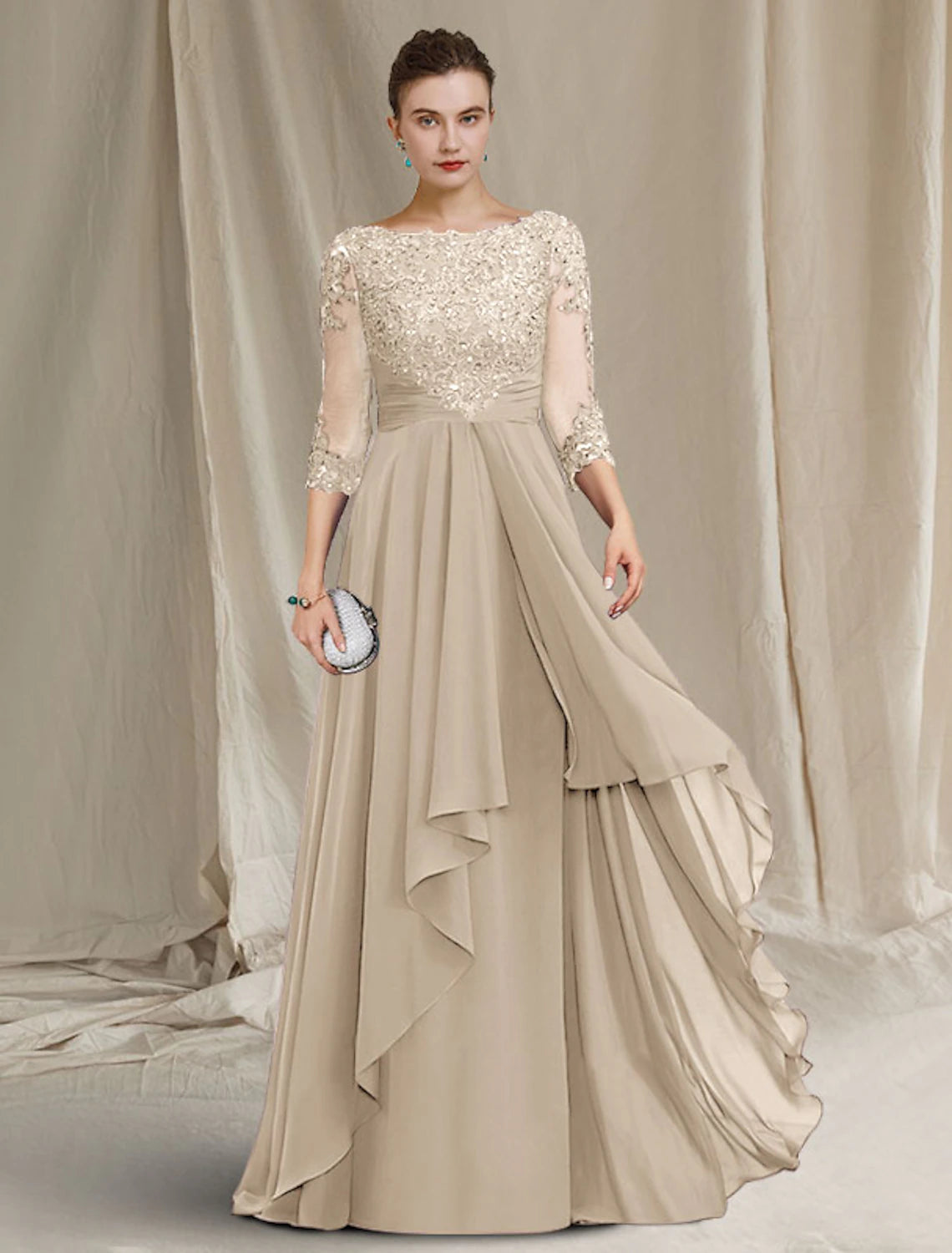 Vestido de madre de la novia de corte A, lujoso y elegante, con escote joya, largo hasta el suelo, de gasa, encaje con lentejuelas, manga 3/4 con pliegues y apliques de cuentas.