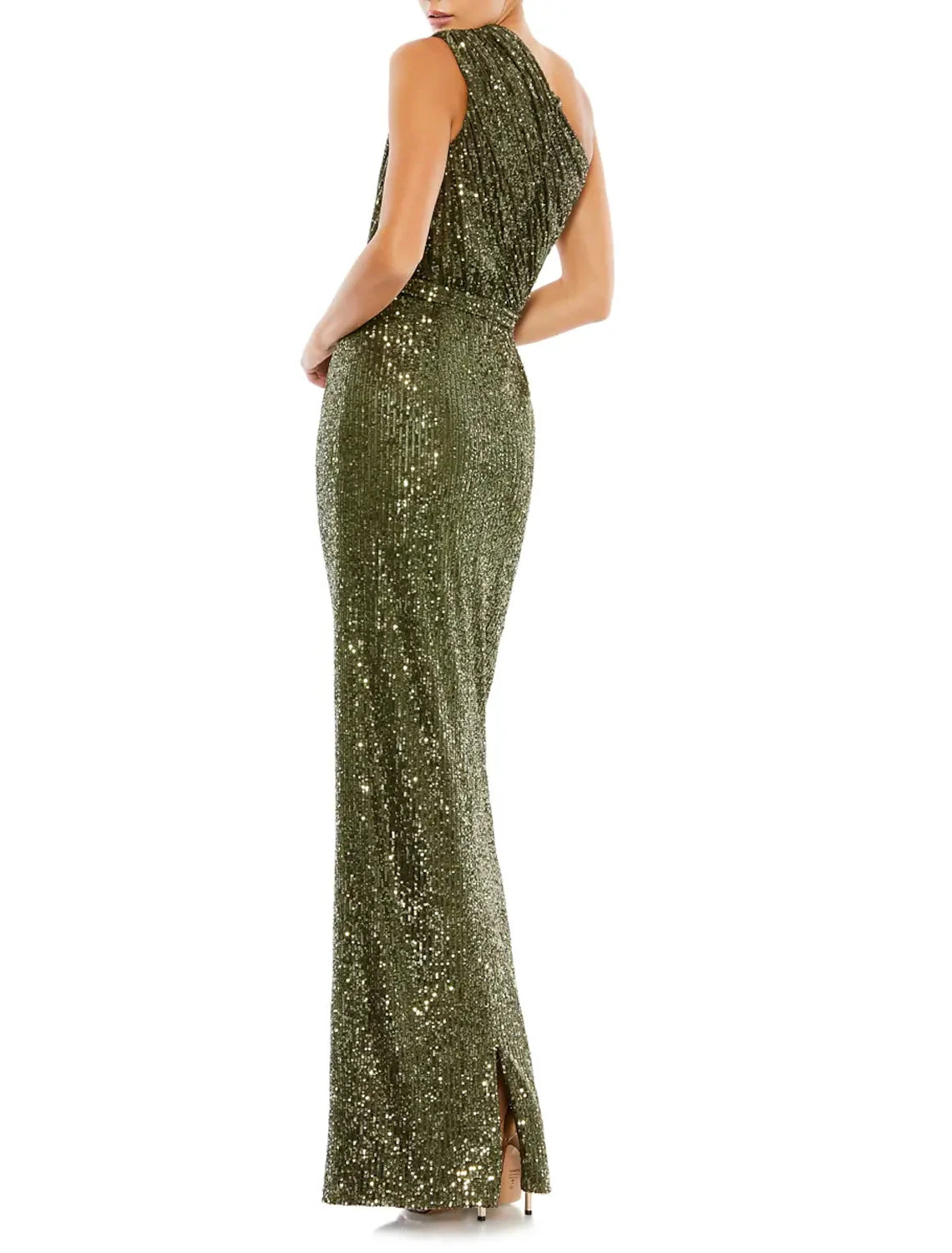 Glamorous Olive Green Sequin One Shoulder Sheath Floor-Length Dress