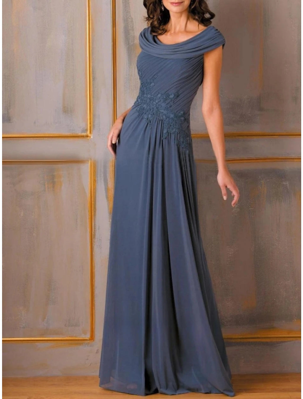 Slate Blue Chiffon Cowl Neck A-Line Floor-Length Dress