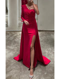 Red Satin One Shoulder Sheath/column Floor-Length Evening Dress