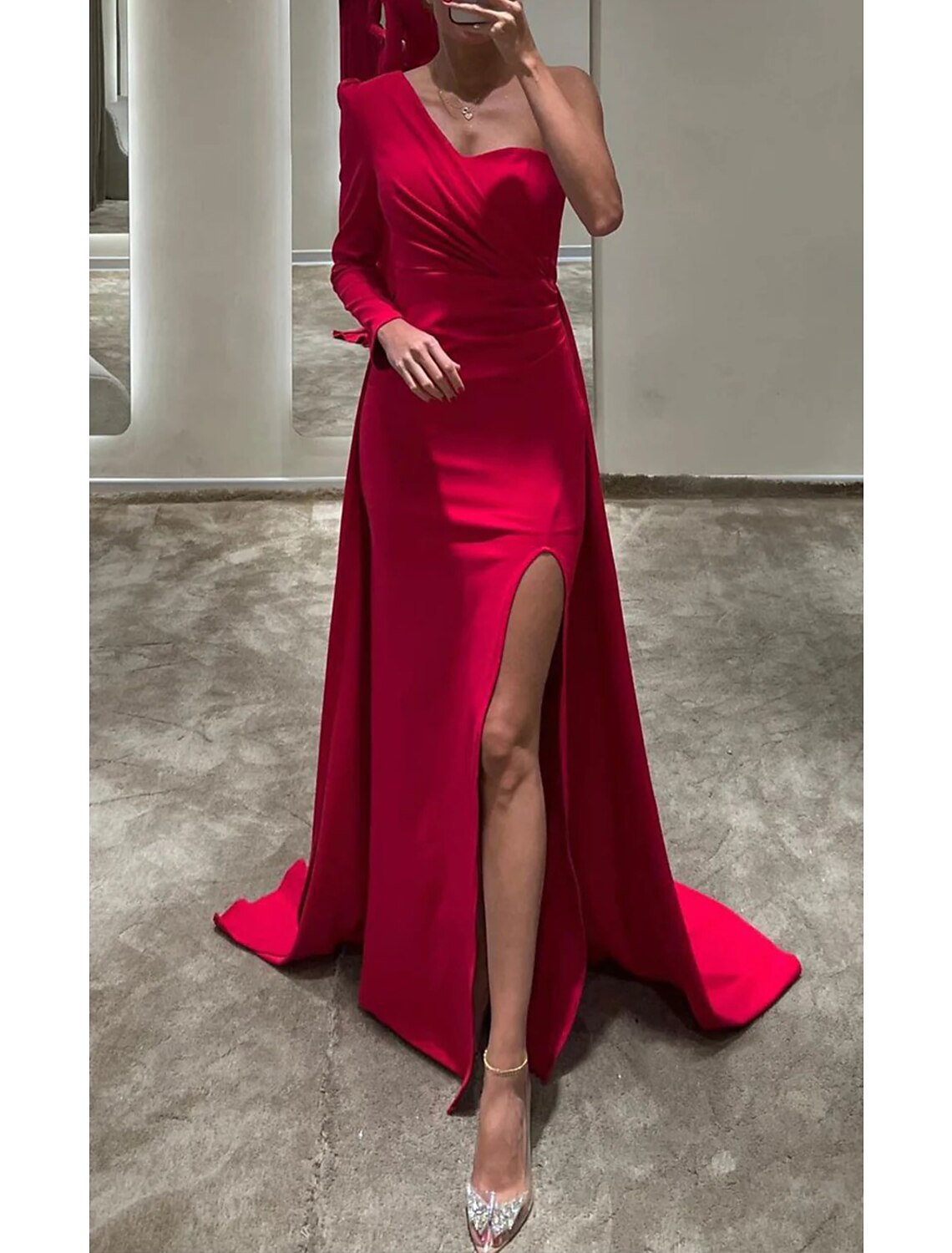 Red Satin One Shoulder Sheath/column Floor-Length Evening Dress