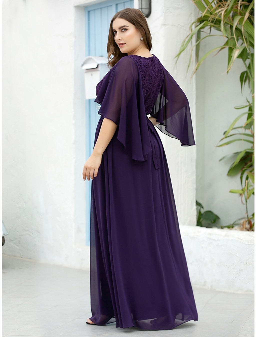 Vestido de madre de la novia de corte A, talla grande, elegante, escote en V, largo hasta el suelo, de gasa, tul, media manga con faja/cinta