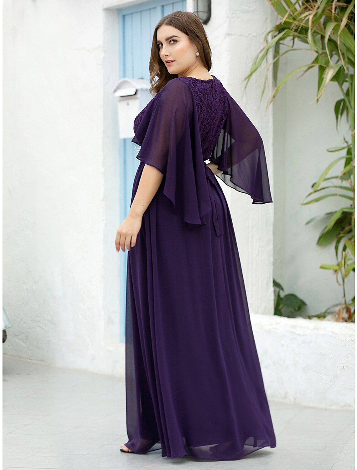 Vestido de madre de la novia de corte A, talla grande, elegante, escote en V, largo hasta el suelo, de gasa, tul, media manga con faja/cinta