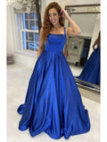 Royal Blue Satin A-Line Floor-Length Dress with Square Neck & Backless Design