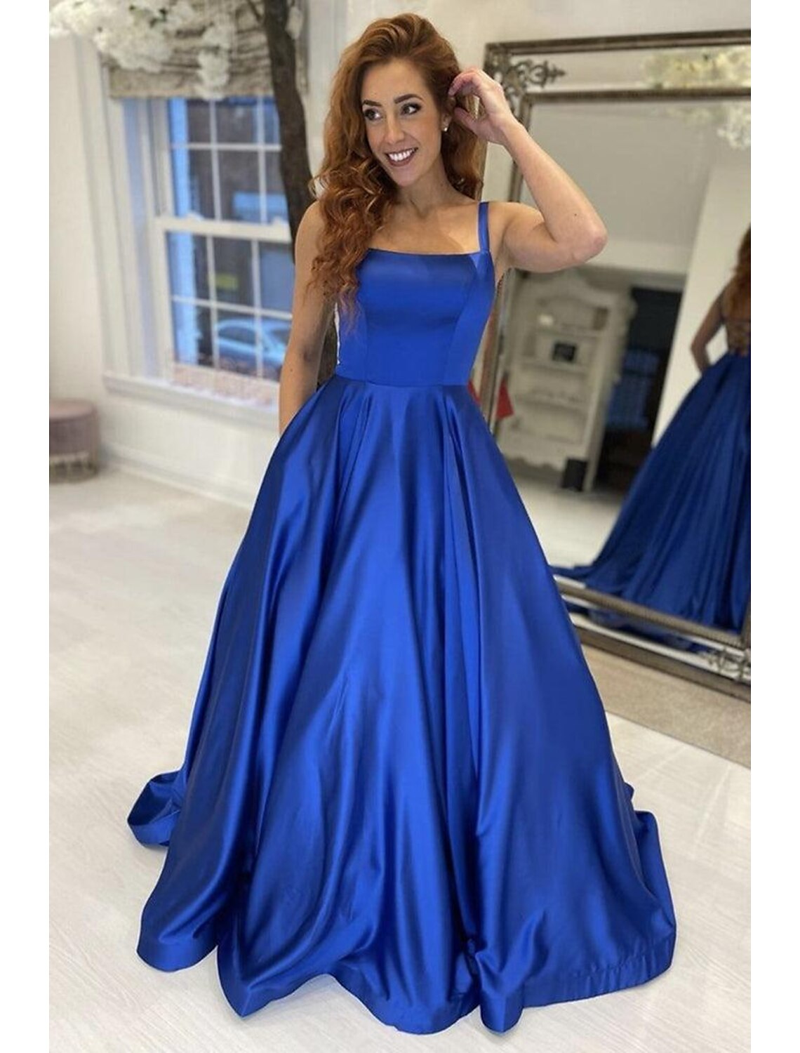 Royal Blue Satin A-Line Floor-Length Dress with Square Neck & Backless Design