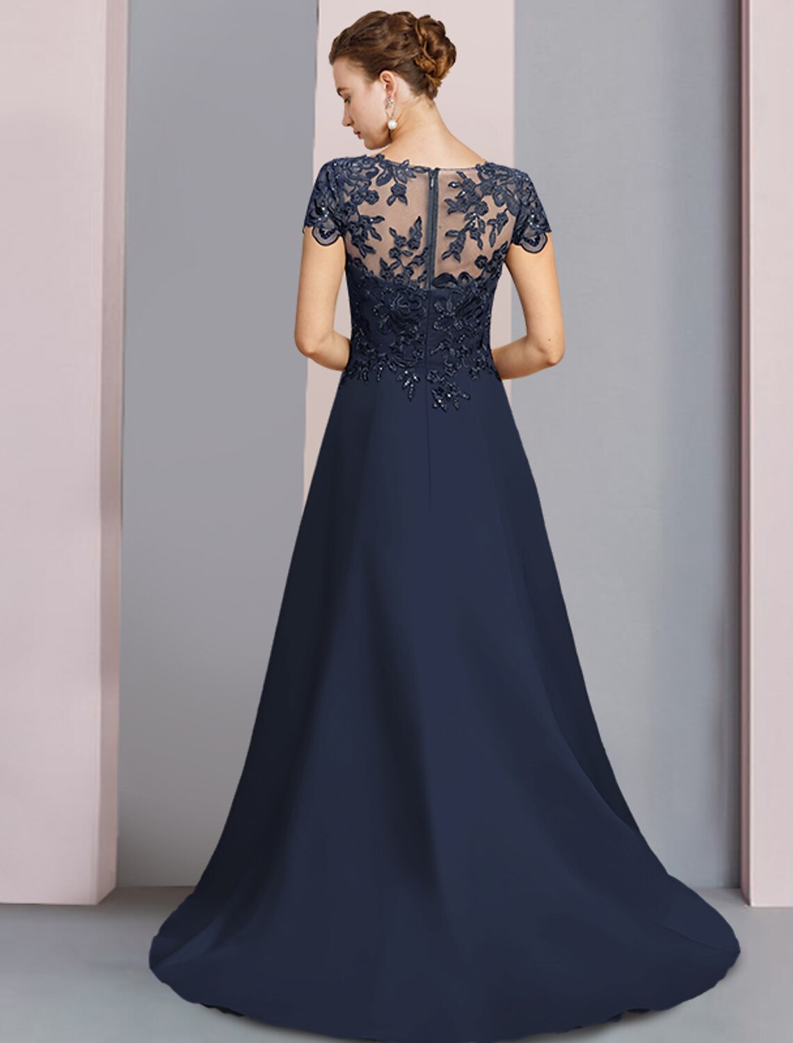 Dark Navy Chiffon A-Line Floor-Length Evening Dress | Lace & Illusion Neck