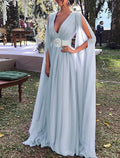 Lilac Chiffon A-Line Floor-Length Bridesmaid Dress with Draped Bodice and Cape Sleeves