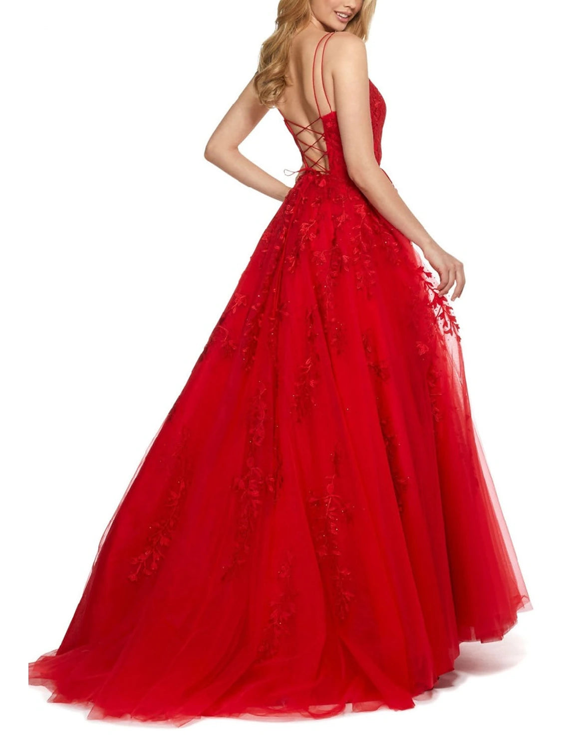 Abiti da ballo a trapezio, eleganti, formali, lunghi fino al pavimento, senza maniche, con spalline sottili, in pizzo, senza schienale, con applicazioni di ricami glitterati