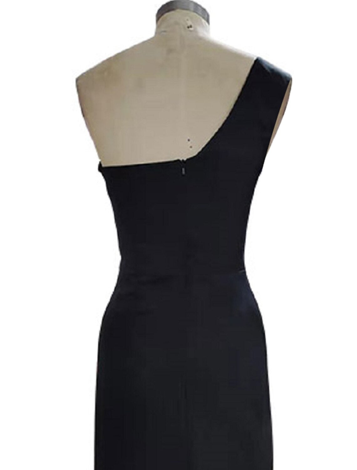 Vestido de noche de sirena/trompeta, negro, formal, de graduación, largo hasta el suelo, sin mangas, un hombro, de tela con abertura