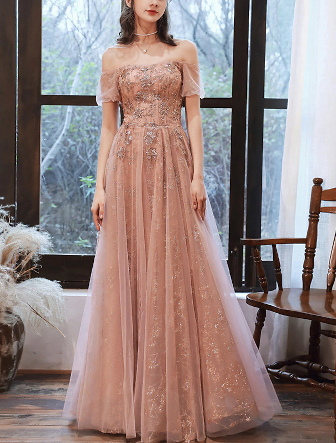 Sparkling Sage Green Tulle Off-the-Shoulder A-Line Gown